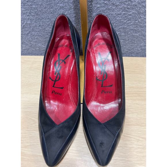 Vintage YSL Yves Saint Laurent Black Trim Leather & Suede Heels Size 6M Italy - Picture 4 of 11